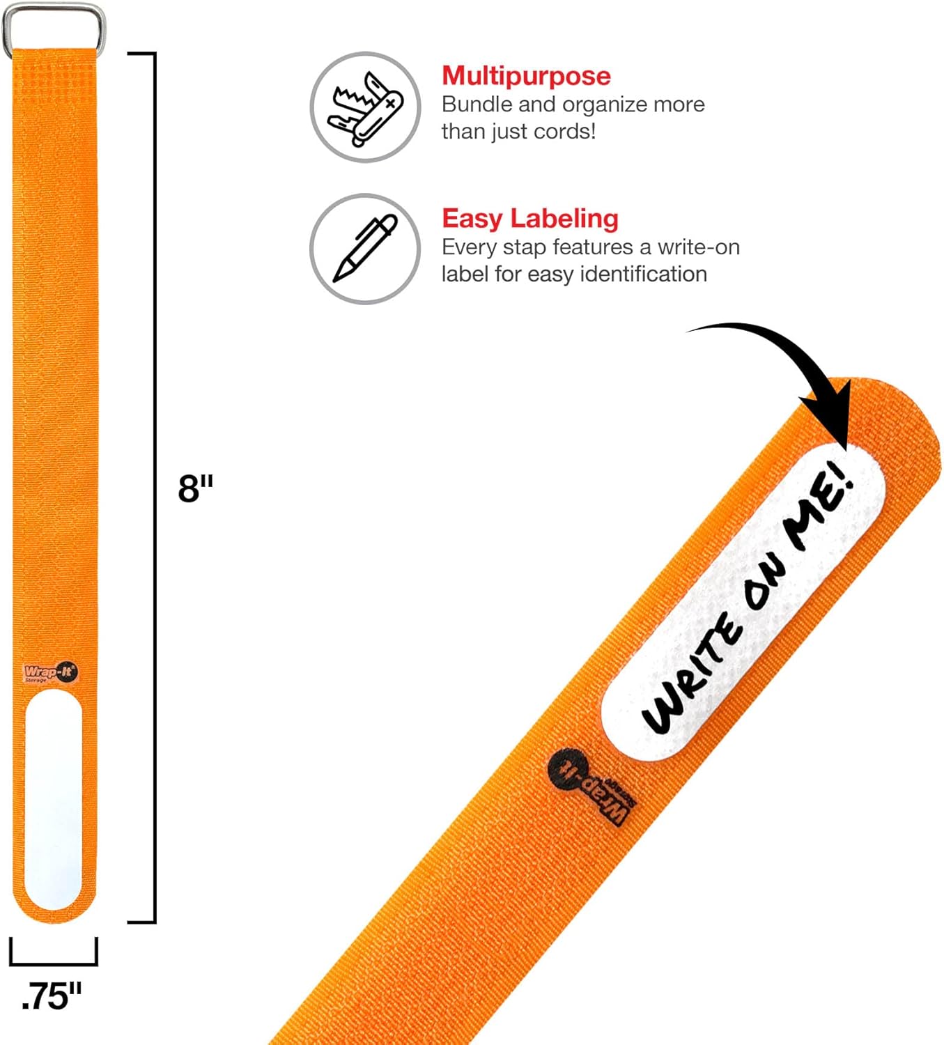 Wrap-It Storage Cinch-Straps, 5" 20 Pack (Red), Features Metal Buckle and Write on Label for Easy Cord Identification and Cable Management, Reusable Multi-Purpose Securing Cinch Straps