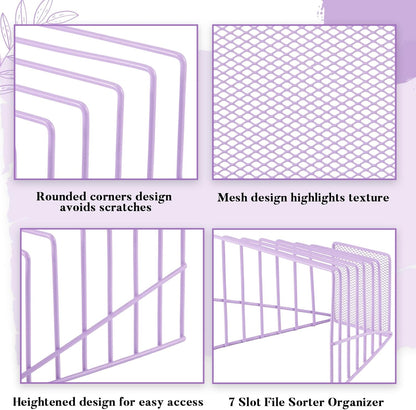 2 Pcs 7 Section Wire File Organizer for Desk, Metal Mesh Incline File Holder, Letter & Magazine Folder Rack, Desktop Paper Sorter for Home Office School (Golden)