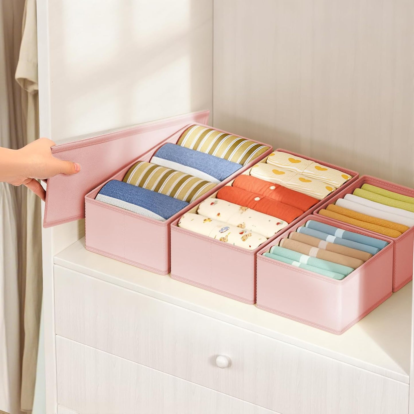 DIMJ Drawer Organizers Clothes, Dresser Organizer Bins for Baby Clothes,Underwear and Sock, Fabric Closet Organization and Storage Boxs, Drawer Dividers for Nursery, Clothing, Tie - 4 Pack, Beige