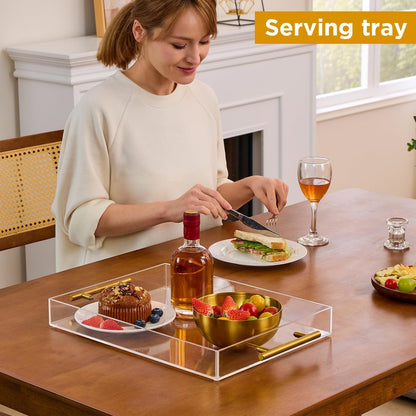 12"x16" Clear Acrylic Serving Tray with Golden Handles, Sturdy Huge Capacity Acrylic Tray for Coffee, Juice, Kitchen and Desk Organizer, Storage Tray (12"x16")
