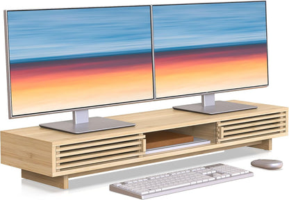 Monitor Stand Riser with Sliding Door, Computer Laptop Stand Desk Shelf Organizer with Storage (Natural Bamboo, 25 Inch)