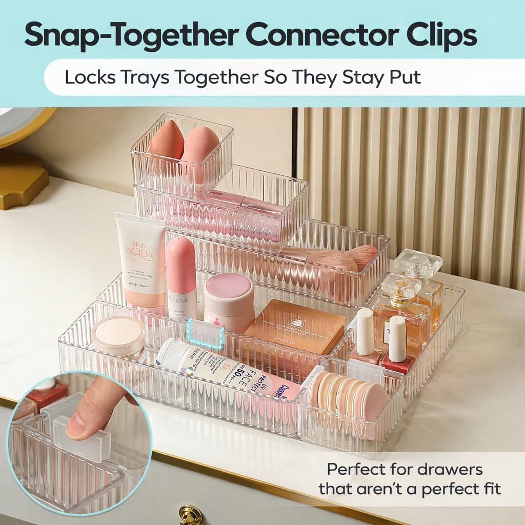 7 PCS Clear Drawer Organizer Bins, 4 Sizes with 7 Connector Clips, Stackable Makeup Vanity Organizer Trays for Bathroom Drawers, Cosmetics, Office Supplies, Kitchen Utensils & Gadgets