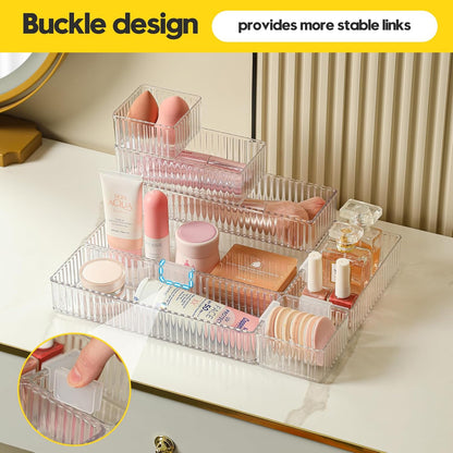Drawer Organizer Bins, 7 Pcs Clear Stackable Makeup & Desk Organizer with Interlocking Clips, 4 Sizes Vanity Drawer Trays for Bathroom Cosmetic, Home Office & Kitchen