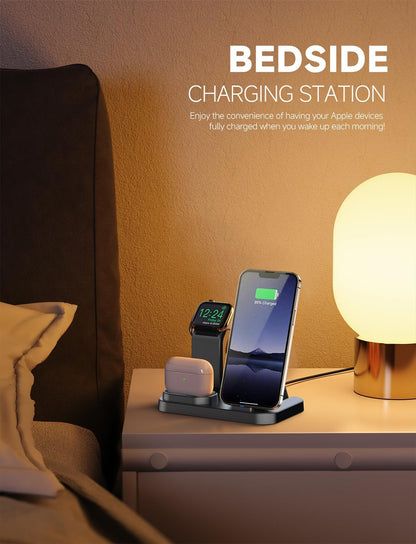 Wireless Charging Station 3 in 1 RJR Compatible with Apple Devices, Charging Dock for iWatch, Built-in Wireless Charger Stand for iPhone Series AirPods Gifts (with 18W Adapter) Graphite Black