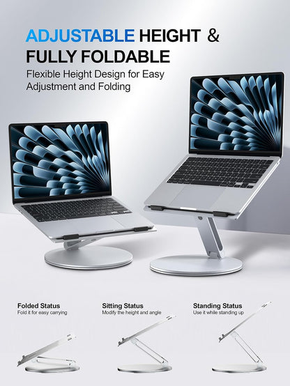 YICOSUN Adjustable Laptop Stand for Desk - 360° Rotating Ergonomic Riser with Aluminum Cooling Vents & Sturdy Construction for 10-16 Inch MacBook Pro/Air, Foldable Portable for Office & Home - Gray