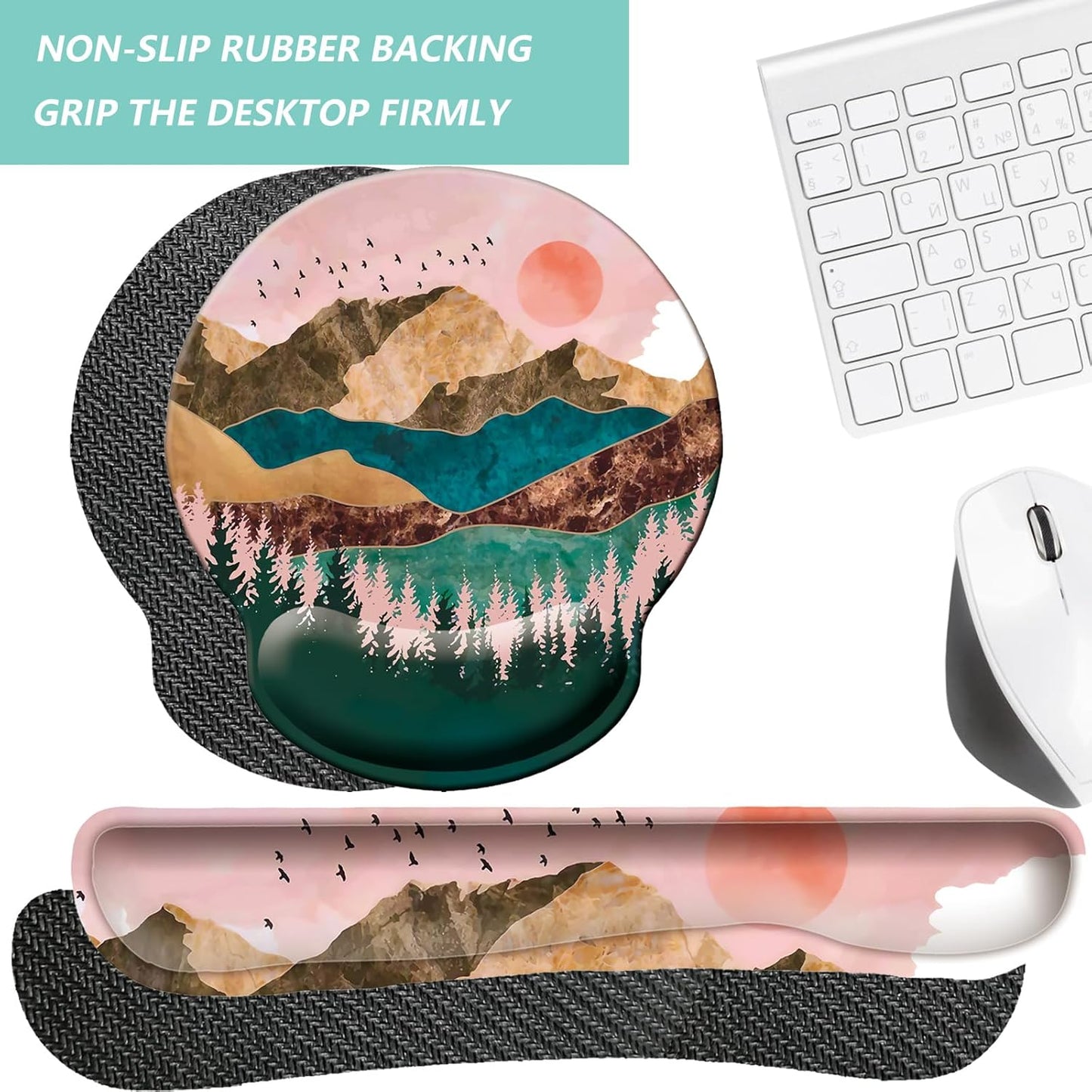 Keyboard Wrist Rest Pad Mouse Pad with Wrist Support Set of 3, Mousepad with Non-Slip Rubber Base, Ergonomic Memory Foam Mouse Wrist Cushion Support for Home Office Laptop Computer, Flower Black