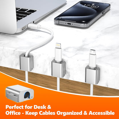 AGVEE 6 Pack Magnetic Cord Organizer Clips, 10mm Ultra-Thin Aluminum Cable Management Holder, 2 Pairs of Strong Magnets Keeper for Home Desk Office Gadgets Accessories, Residue-Free Tape, Silver