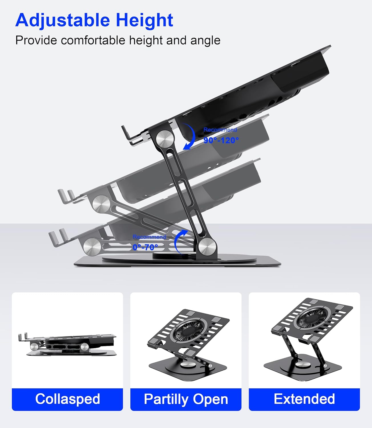 Laptop Stand,with 360°Rotating Base,External Cooling Fan,Adjustable RGB Lighting,Ergonomic Foldable Notebook Computer Holder.Compatible with All 10-17" Laptops Tablets,Silver