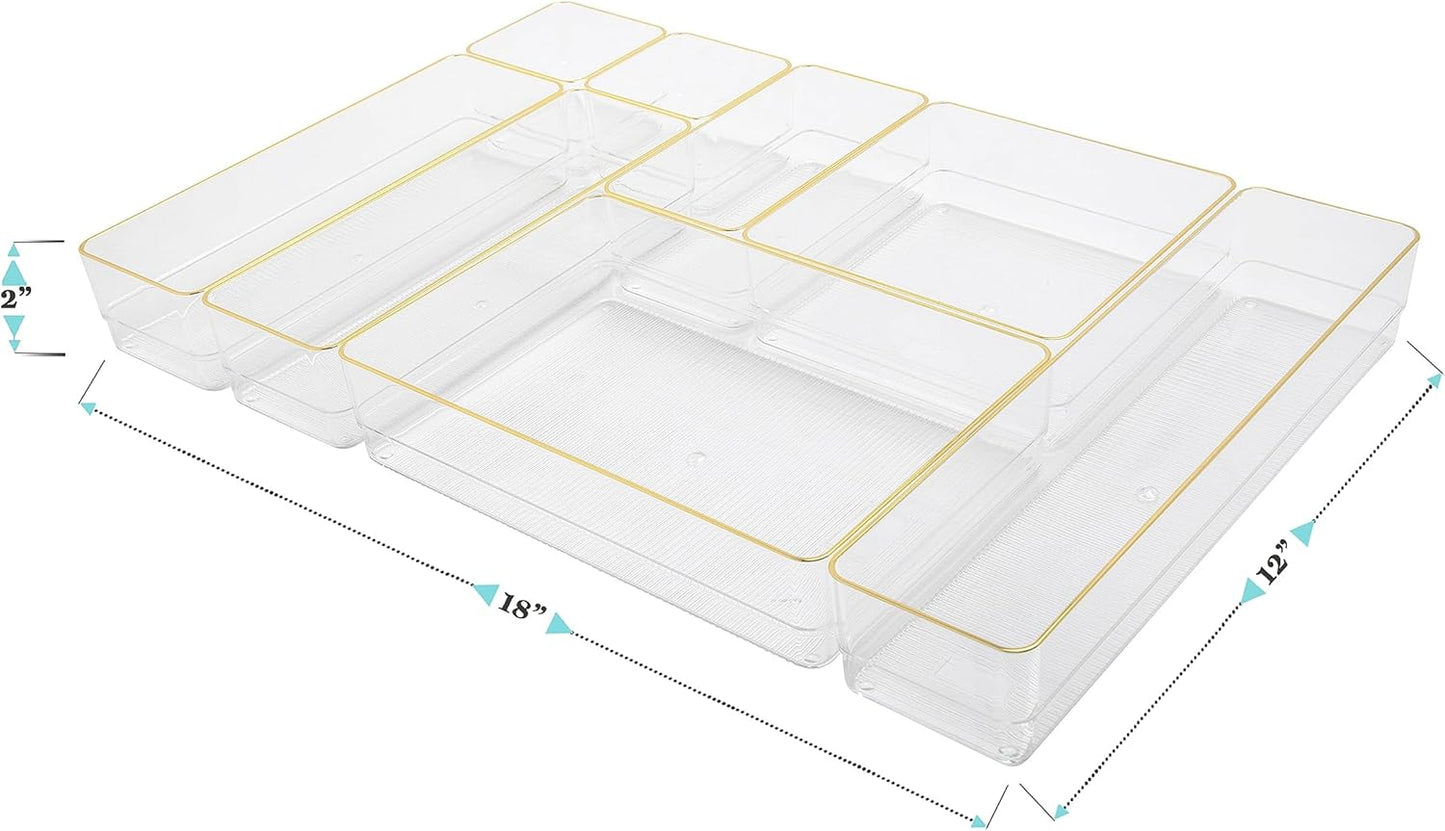 Martha Stewart Kerry Plastic Stackable Office Desk Drawer Organizers, Set of 8, with Gold Trim