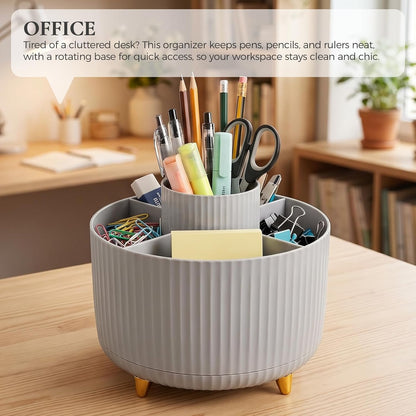 KONVINIT Pencil Pen Holder for Desk, 5 Slots 360 - Degree Rotating Desktop Organizer, Cute Desk Organizers and Accessories for School, Home, Office and Art Supply, Beige
