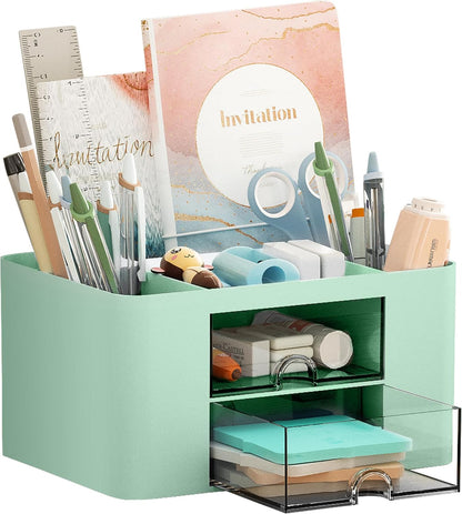 Marbrasse Pen Organizer with 2 Drawer, Multi-Functional Pencil Holder for Desk, Desk Organizers and Accessories with 5 Compartments + Drawer for Office Art Supplies (White)