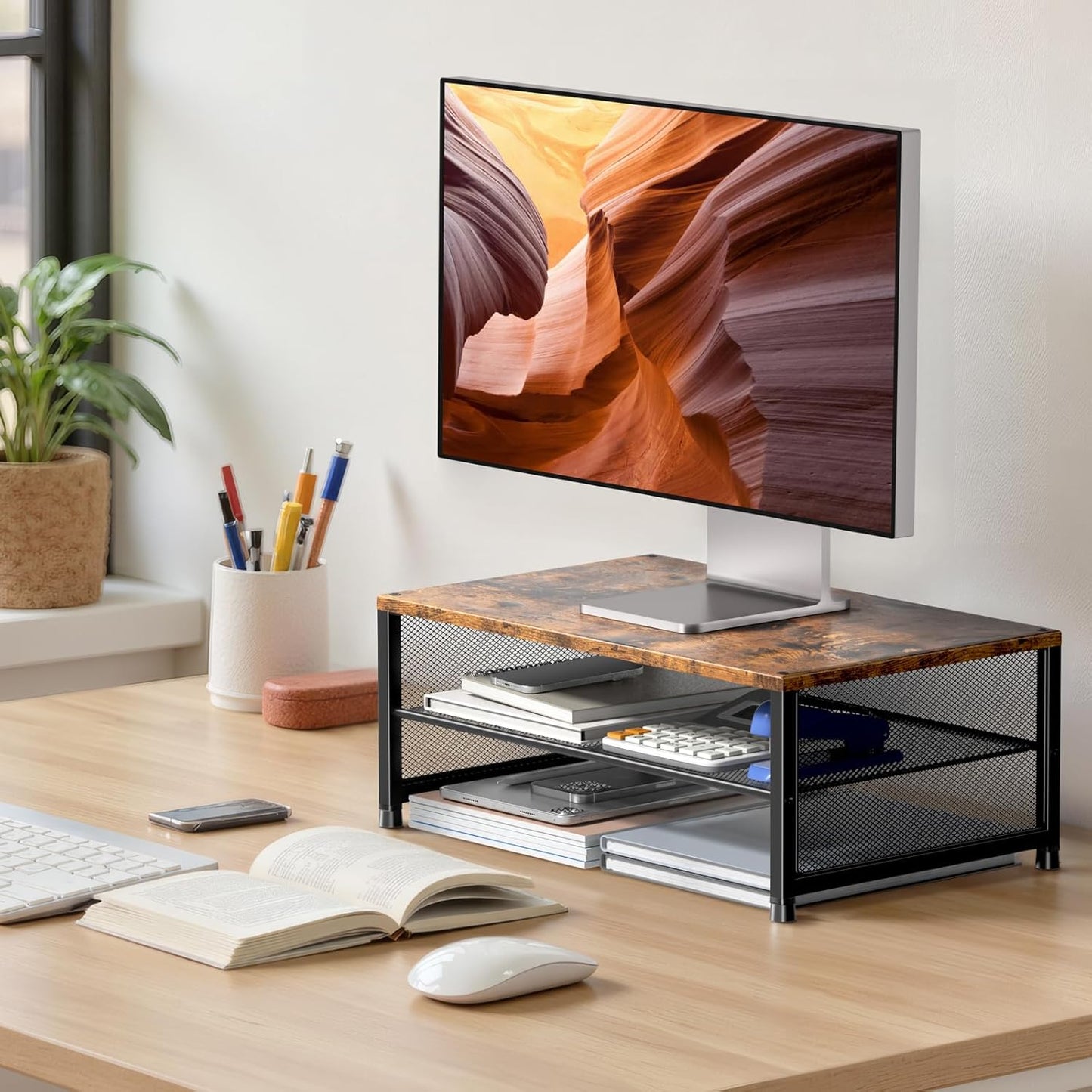 ECOLOVI 2-Tier Computer Monitor Stand Riser, Desk Organizer for Monitor, Printer & Laptop Stand, Desktop Workspace Organizers for Office Supplies(Black)
