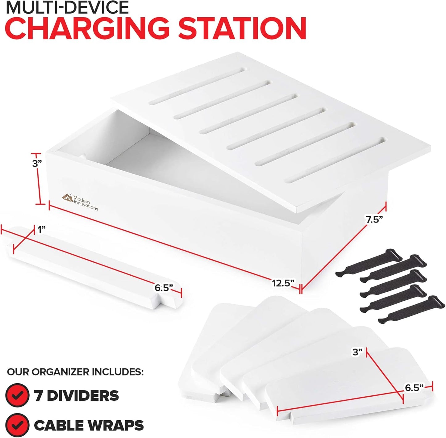 Modern Innovations Bamboo Charging Station for Multiple Devices (White) Wood Device Organizer, Desk Docking Stand for Cell-Phone Charger, Compatible with Apple, Android, iPad, iPhone, Tablet, Laptop
