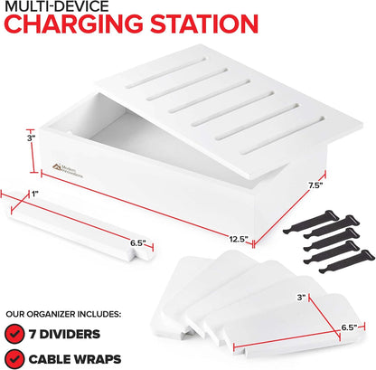 Modern Innovations Bamboo Charging Station for Multiple Devices (White) Wood Device Organizer, Desk Docking Stand for Cell-Phone Charger, Compatible with Apple, Android, iPad, iPhone, Tablet, Laptop