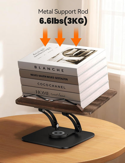 Tounee Book Stand for Reading, Adjustable Book Holder with 360° Swivel Base, Foldable Cookbook Stand Recipe Book Holder with Elastic Page Clips for Music Scores, Recipe, Tablet, Laptop-Gray