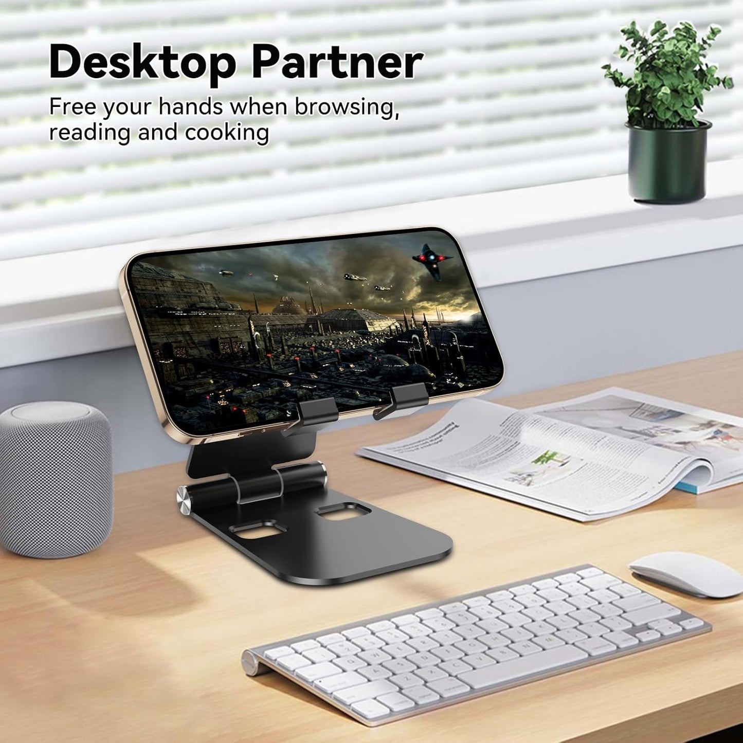 aceyoon Foldable Phone Stand for Desk, Fully Adjustable Cell Phone Holder with Anti-Slip Base, Compatible with iPhone 17/16/15/14/13/12/11 Pro Max & 4''-13'' Smartphones, Black