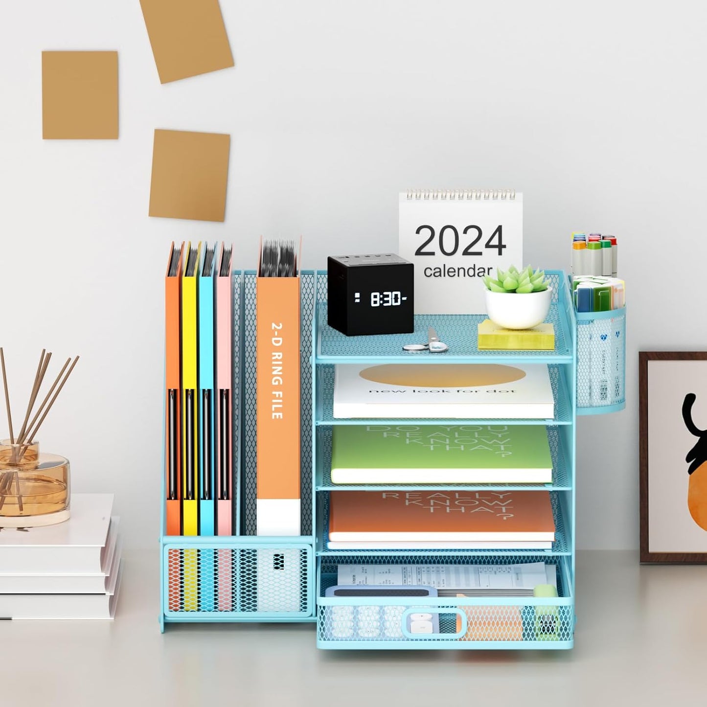 Marbrasse Desk Organizer with File Holder, 5-Tier Paper Letter Tray Organizer with Drawer and 2 Pen Holder, Mesh Desktop Organizer and Storage with Magazine Holder for Office Supplies(Black)
