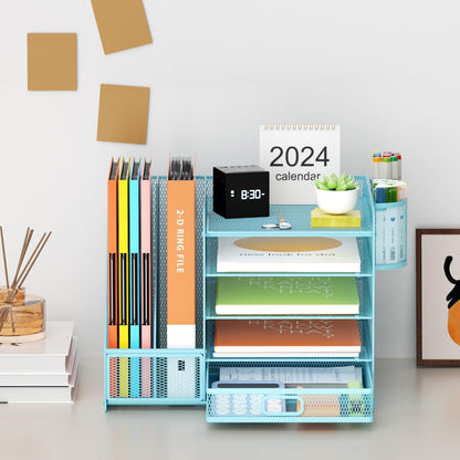 Marbrasse Desk Organizer with File Holder, 5-Tier Paper Letter Tray Organizer with Drawer and 2 Pen Holder, Mesh Desktop Organizer and Storage with Magazine Holder for Office Supplies(Black)