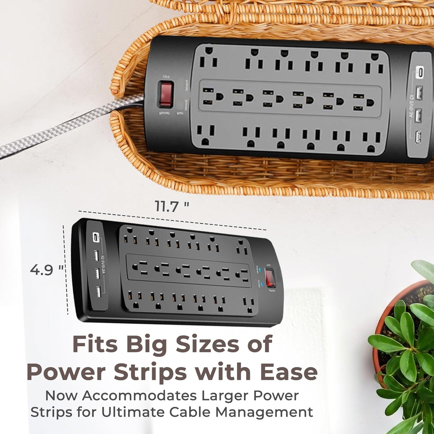 Cable Management Box, Handmade Rattan Cable Organizer with 2 Open Slots, Cord Hider for Power Strip, Router & USB Hub, Registered U.S. Design Patent (D1,112,102), 13" x 5.1" x 5.1", Natural