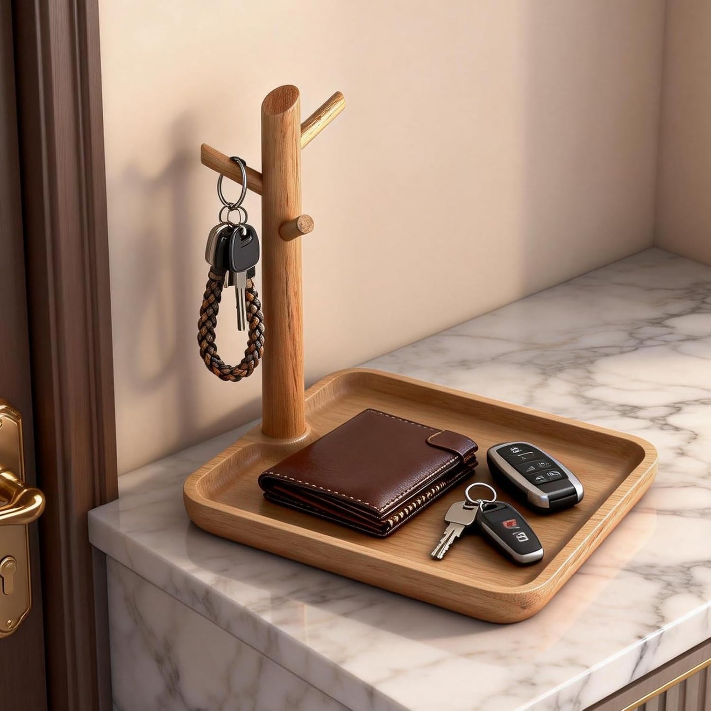 Acacia Wood Key Tray for Entryway Table, Wooden Catchall Organizer with Jewelry Storage Rack, Valet Tray for Keys Wallet Watches Sunglasses Rings(Rectangle)