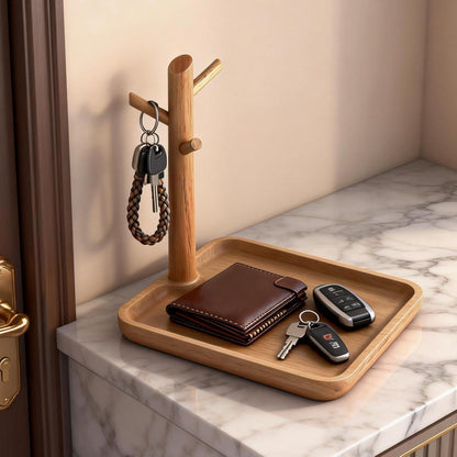 Acacia Wood Key Tray for Entryway Table, Wooden Catchall Organizer with Jewelry Storage Rack, Valet Tray for Keys Wallet Watches Sunglasses Rings(Rectangle)