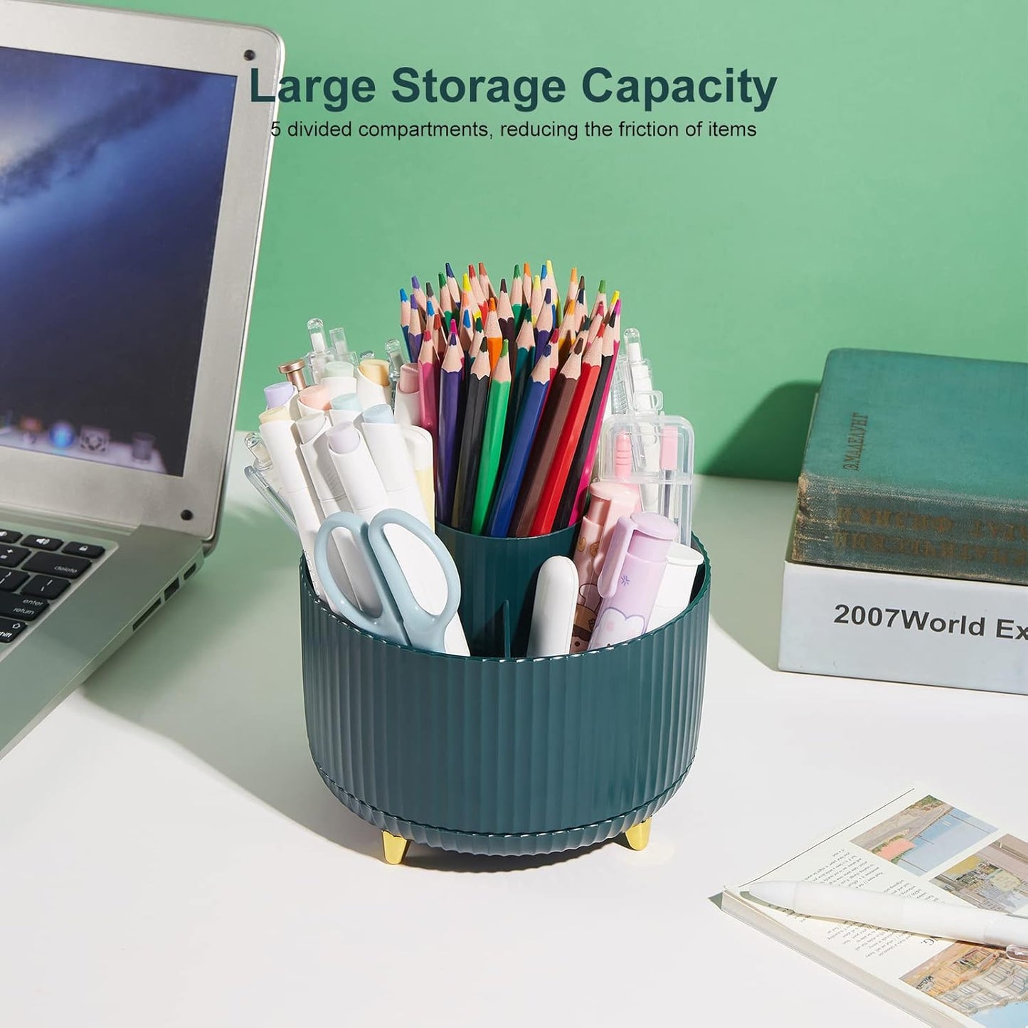 Desk Pencil Pen Holder, 5 Slots 360 Degree Rotating Pencil Pen Organizers for Desk Desktop Storage Stationery Supplies Organizer Cute Pen Cup for Office School Home Art Supply Cream Yellow