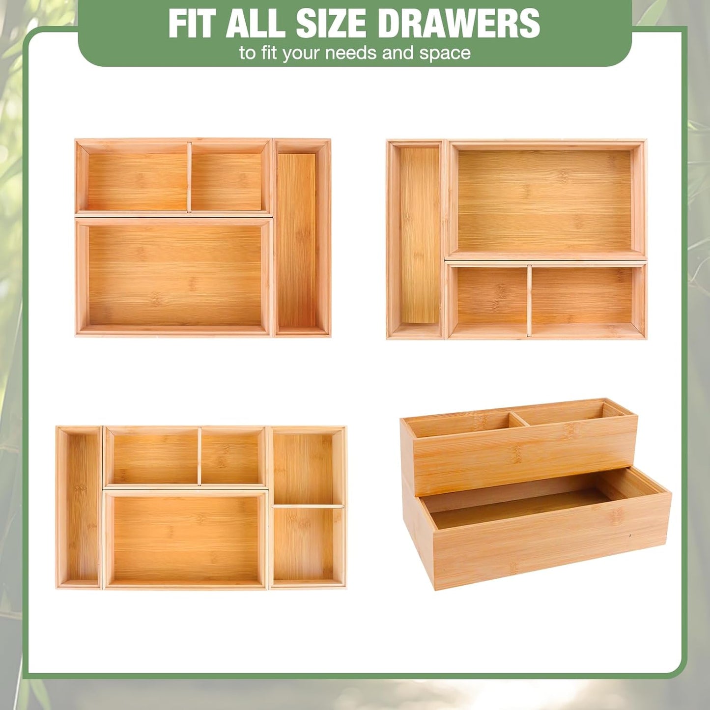 Bamboo Drawer Organizer,5 PCS White Bathroom Tray&Desk Organizers and Storage,Cabinet Divider With Removable Silverware Organization for Kitchen,Utensils,Junk,Office,Makeup