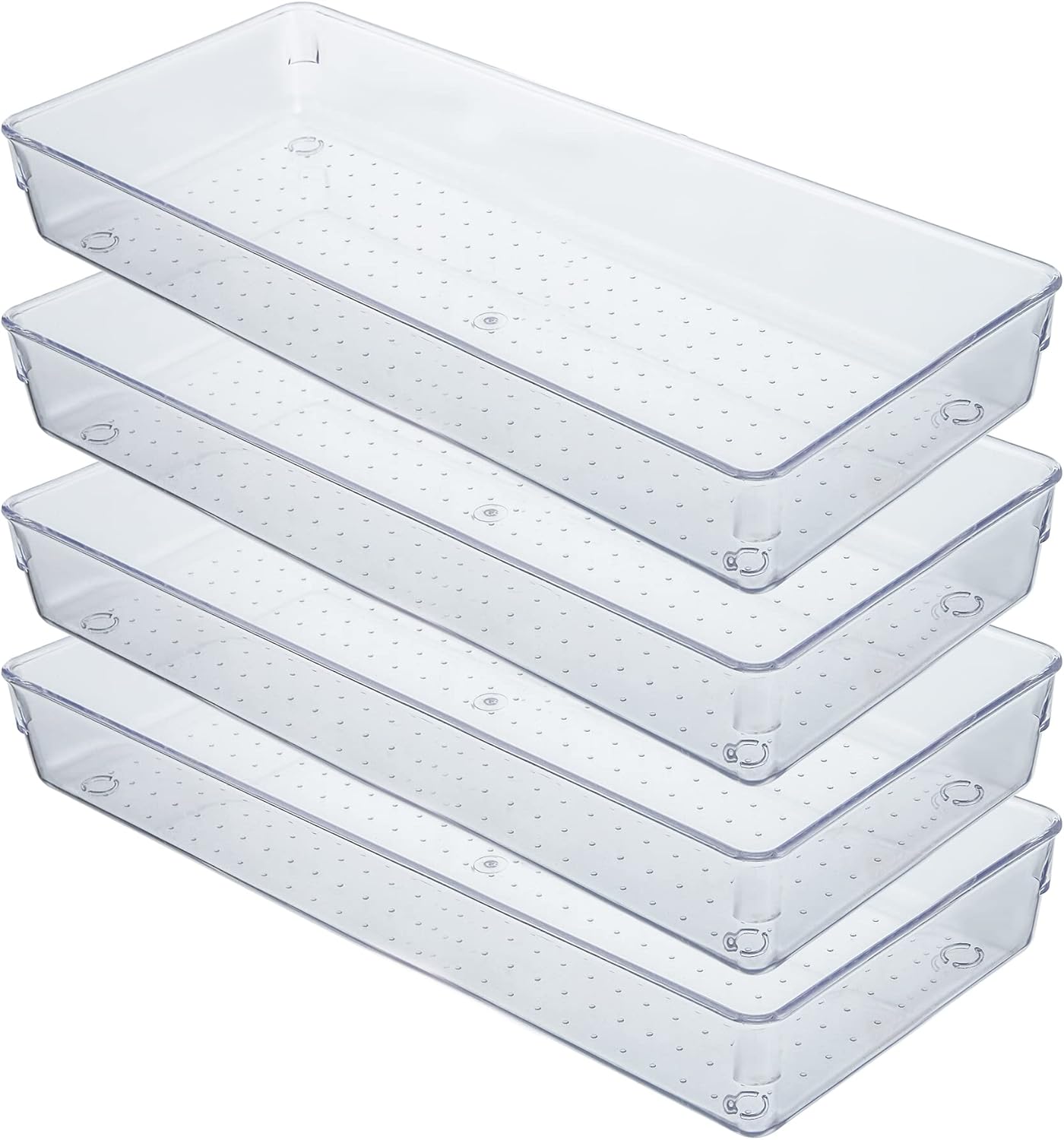 Kingrol 4-Pack Clear Drawer Organizer Bins, 15 x 6 x 2 Inch Desk & Kitchen Drawer Dividers for Utensils, Makeup, Jewelry, Office, Craft Supplies - Durable & Non-Slip Storage Containers