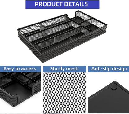 2 Pack Desk Drawer Organizer, Small Metal Mesh Desk Organizer Tray, Pen Pencil Drawer Organizer for Office Supplies, Desktop, Makeup, Vanity