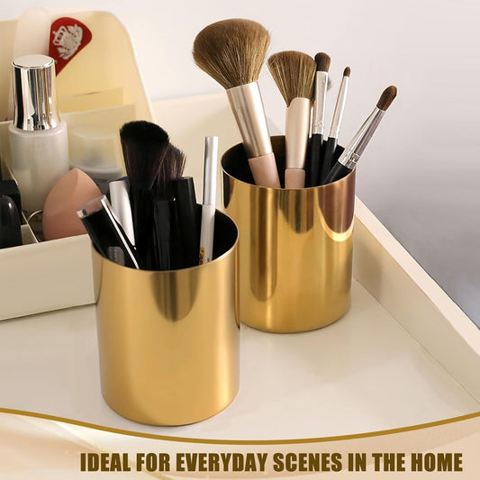 Gold Pen Holder for Desk, 3.9 Inch Stainless Steel Pencil Cup & Makeup Brush Organizer, Multi-Purpose Office and Vanity Desk Accessory for Women, Elegant Gold Home Decor