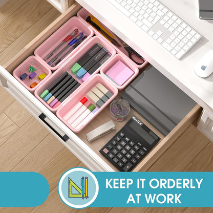 StoreHappily 10 PCS Drawer Organizer Set, 4 Size Makeup Drawer Divider Organizer With Non-Slip Pads, Interlocking Plastic Storage Bins for Office,Jewelry Vanity,Gadgets, Bathroom,Kitchen, Black