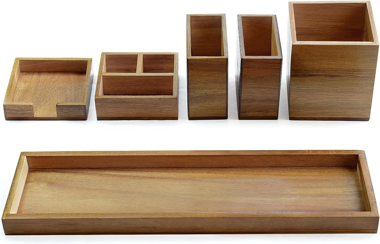 Bamboo Vanity Tray, 6-Piece Bathroom Countertop Vanity Tray Set, Makeup Kitchen Desk Organizer and Storage - Holds Small Items