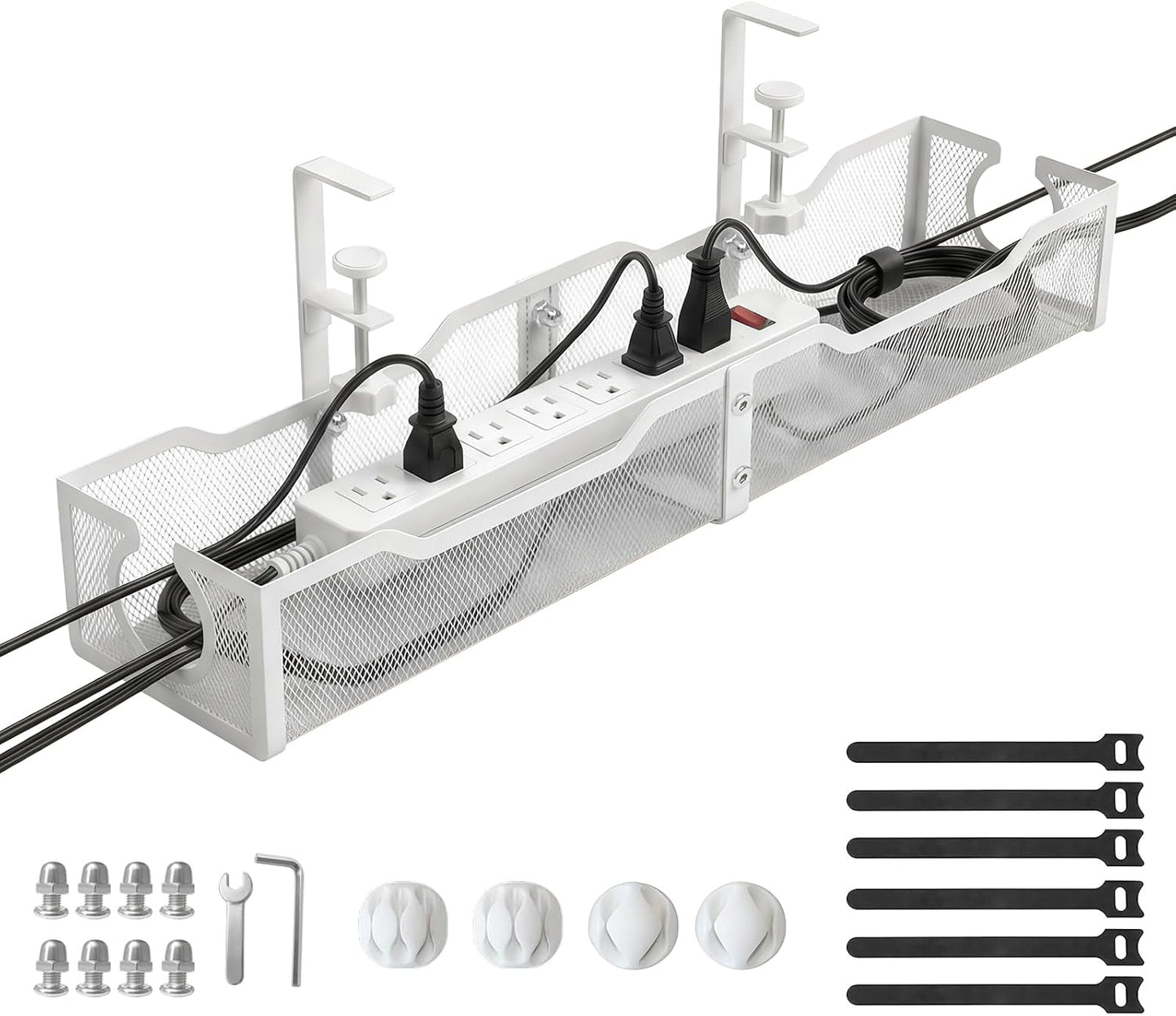 Upgraded 25.2'' Under Desk Cable Management Tray, No Drill Clamp-On Design Wire Organizer, Cable Organization Box for No Damage to Desk, Metal Cord Organizer for Home Office, White