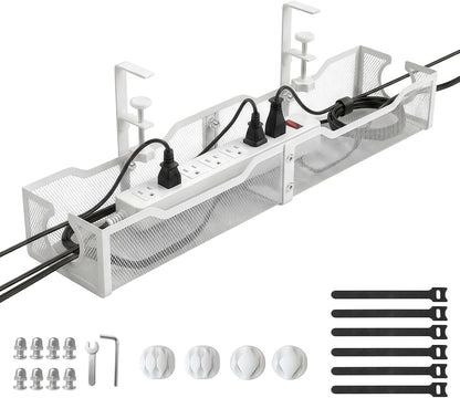 Upgraded 25.2'' Under Desk Cable Management Tray, No Drill Clamp-On Design Wire Organizer, Cable Organization Box for No Damage to Desk, Metal Cord Organizer for Home Office, White