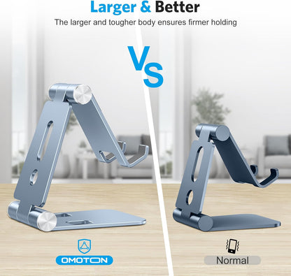 OMOTON Foldable Cell Phone Stand, C4 Portable Aluminum Phone Holder, Adjustable Phone Dock Cradle Compatible with iPhone 17/16/15 Pro Max Air, Samsung Galaxy, Small Tablets, All Smart Phones, Silver