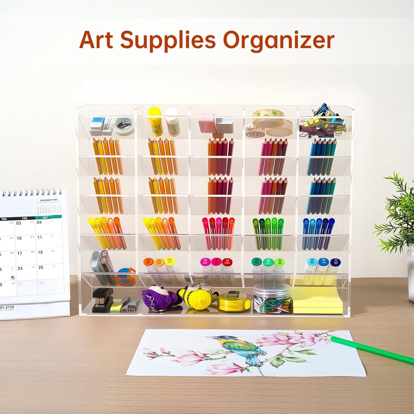 BEYGORM Acrylic Vertical Marker Organizer for 150 Markers with 13 Compartments, Clear Angled Pen & Pencil Holder, Large Desk Stationery & Art Supply Storage for Office & School (10.2 x 9.8 x 4 Inch)