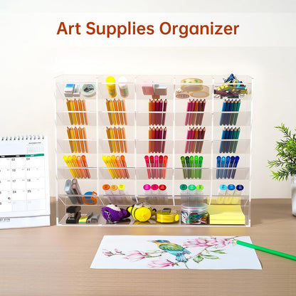BEYGORM Acrylic Vertical Marker Organizer for 150 Markers with 13 Compartments, Clear Angled Pen & Pencil Holder, Large Desk Stationery & Art Supply Storage for Office & School (10.2 x 9.8 x 4 Inch)