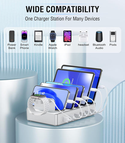 CREATIVE DESIGN Charging Station for Multiple Devices, 50W 6 Ports Charging Dock with 6 Cables Compatible with Cellphone,Tablet, Kindle, Apple Watch and Other Electronic
