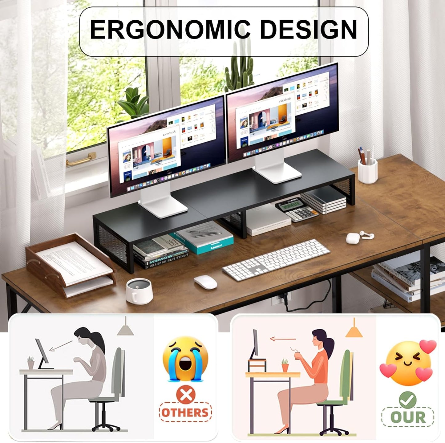 Dual Computer Monitor Stand Riser, Desk Organizers and Accessories, Printer & TV Stand, Desk Shelf, Office Desk Accessories & Desktop Workspace Organizer for Office Supplies, Black