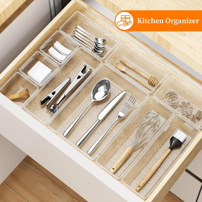 StorMiracle 32 PCS Clear Plastic Drawer Organizer Set, 4-Size vanity organizer Trays and Storage Bins for Makeup, Jewelry and Gadgets in Bedroom, Bathroom and Office, Clear