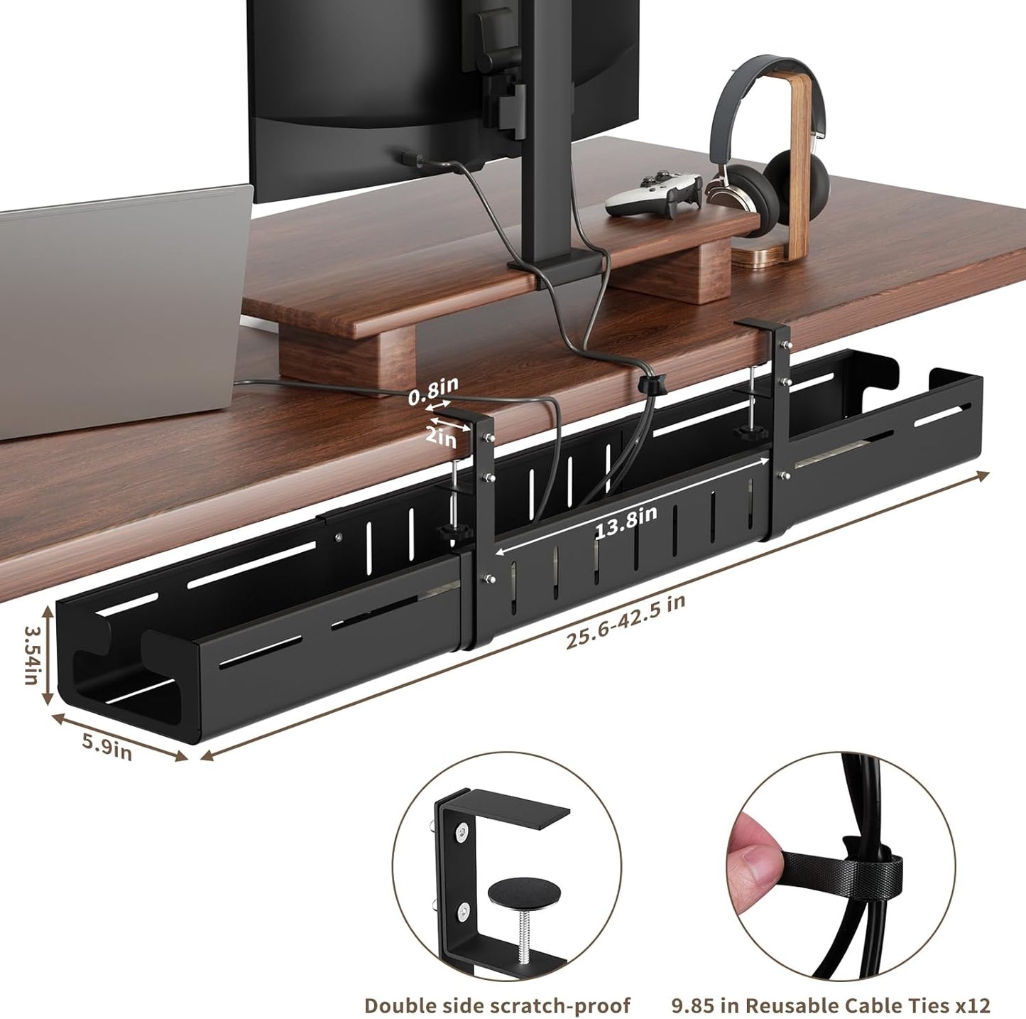 Under Desk Cable Management Tray, Expandable 25.2"–38.6" Heavy Duty Carbon Steel with Clamp, Hidden Cord Organizer for Desk, Home Office & Standing Desk, No Drill Installation, Black
