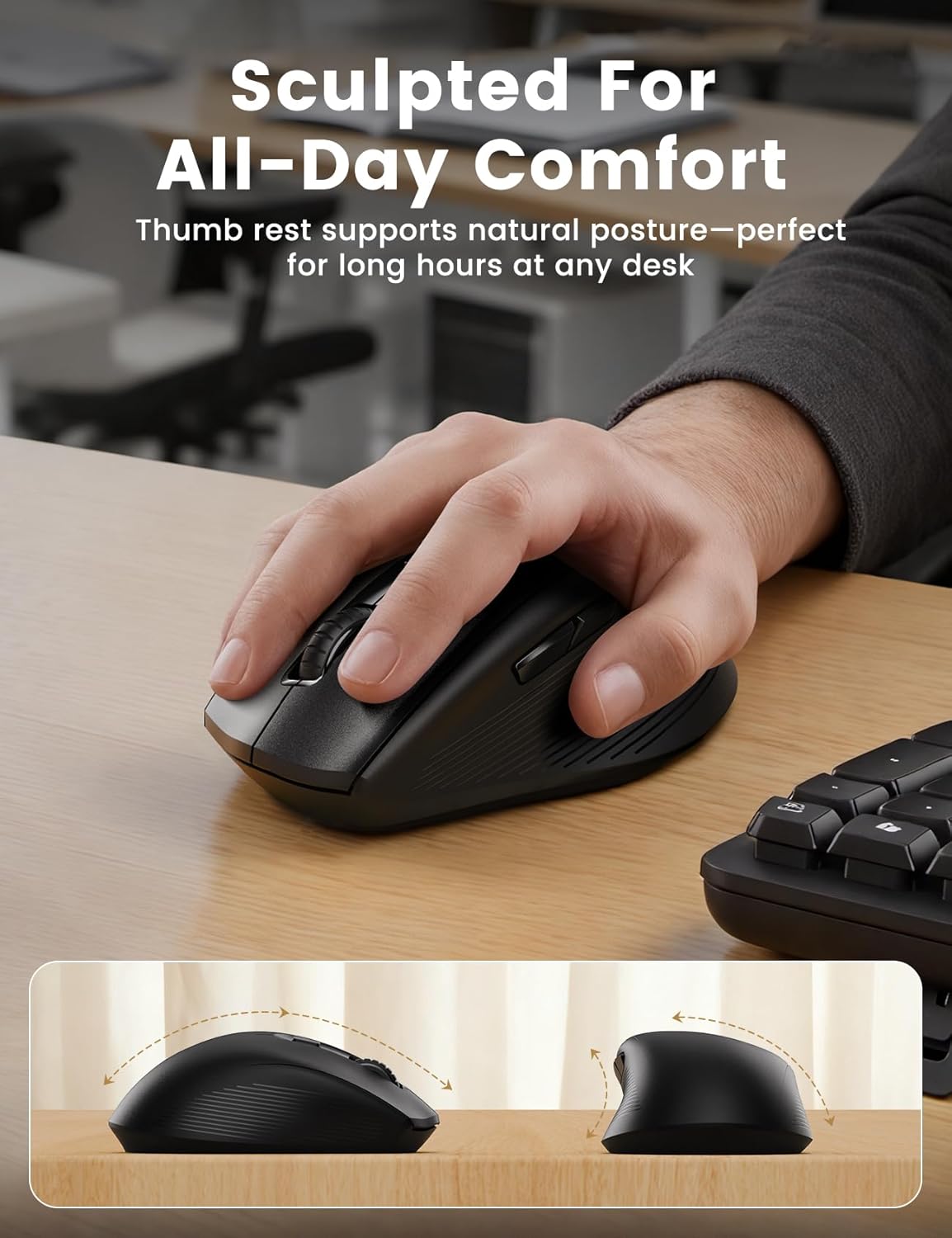 Wireless Keyboard and Mouse Combo, SABLUTE MA41 30dB Quiet Ergonomic Wave Keyboard Set with Soft Leather Palm Rest, Dual-System Switch for Windows/Mac, Ideal for Business Teams Home Office