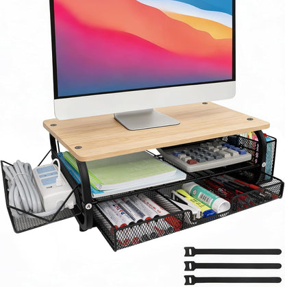 Desk Organizers and Accessories Monitor Riser, Monitor Stand with Drawer (2-Tier Drawers) with Large Side Storage Rack & Cable Management,66LBS/30KG, Office Organization, Walnut Brown