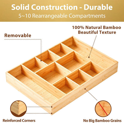 Umilife Bamboo Desk Drawer Organizer, Wood Junk Organizer Tray with Adjustable Dividers, Anti-Skip Storage Organization in Office Bathroom Drawer for Vanity, Makeup, 12" x 9"