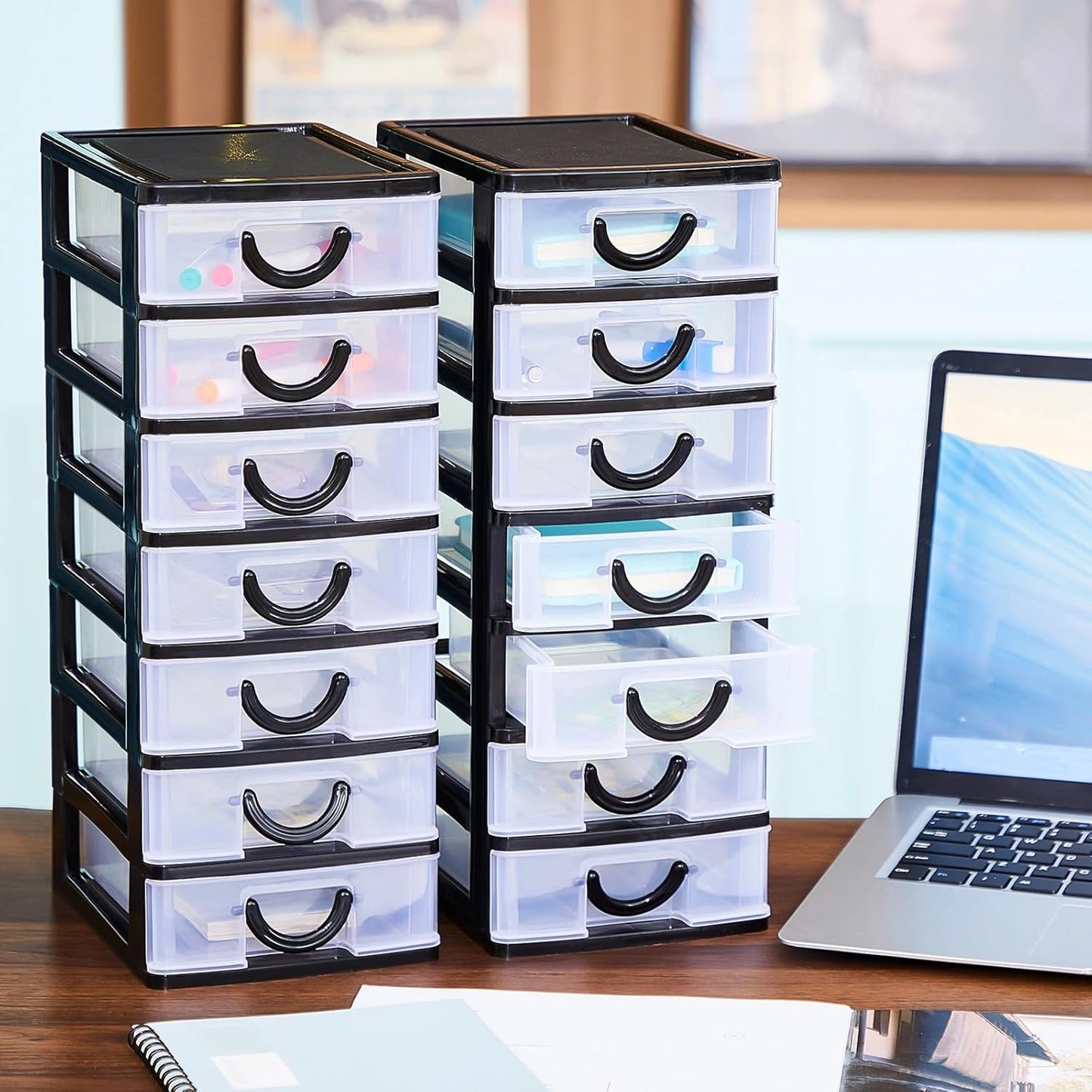 Thyle 2 Pcs Plastic Drawers Organizer Mini Organizer Stackable Plastic Clear Drawer Storage Box Containers Storage Units for Desktop Classroom Craft 6.7 x 4.9 x 13.4 inches(Purple)