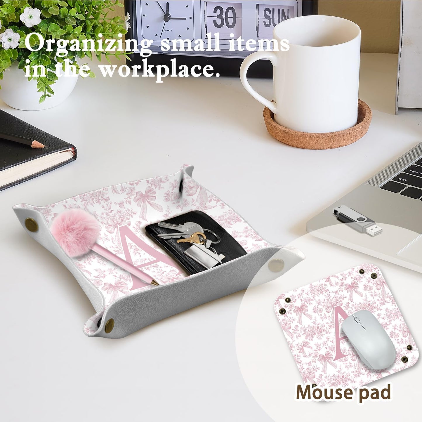 Gifts for Mom Initial Valet Tray,Pink Personalized Gifts for Women Mom Grandma Girlfriend,Nightstand Desk Accessories PU Leather Tray Organizer for Birthday Christmas Gift Ideas (B)