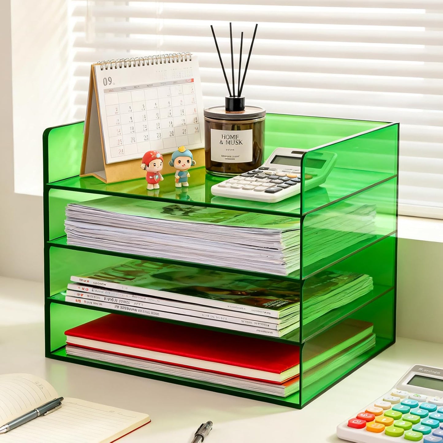 Gelite Acrylic File Organizer for Desk 4 Tiered Stackable Letter Tray Office Paper Storage Desktop Document Sorter, Neon Pink