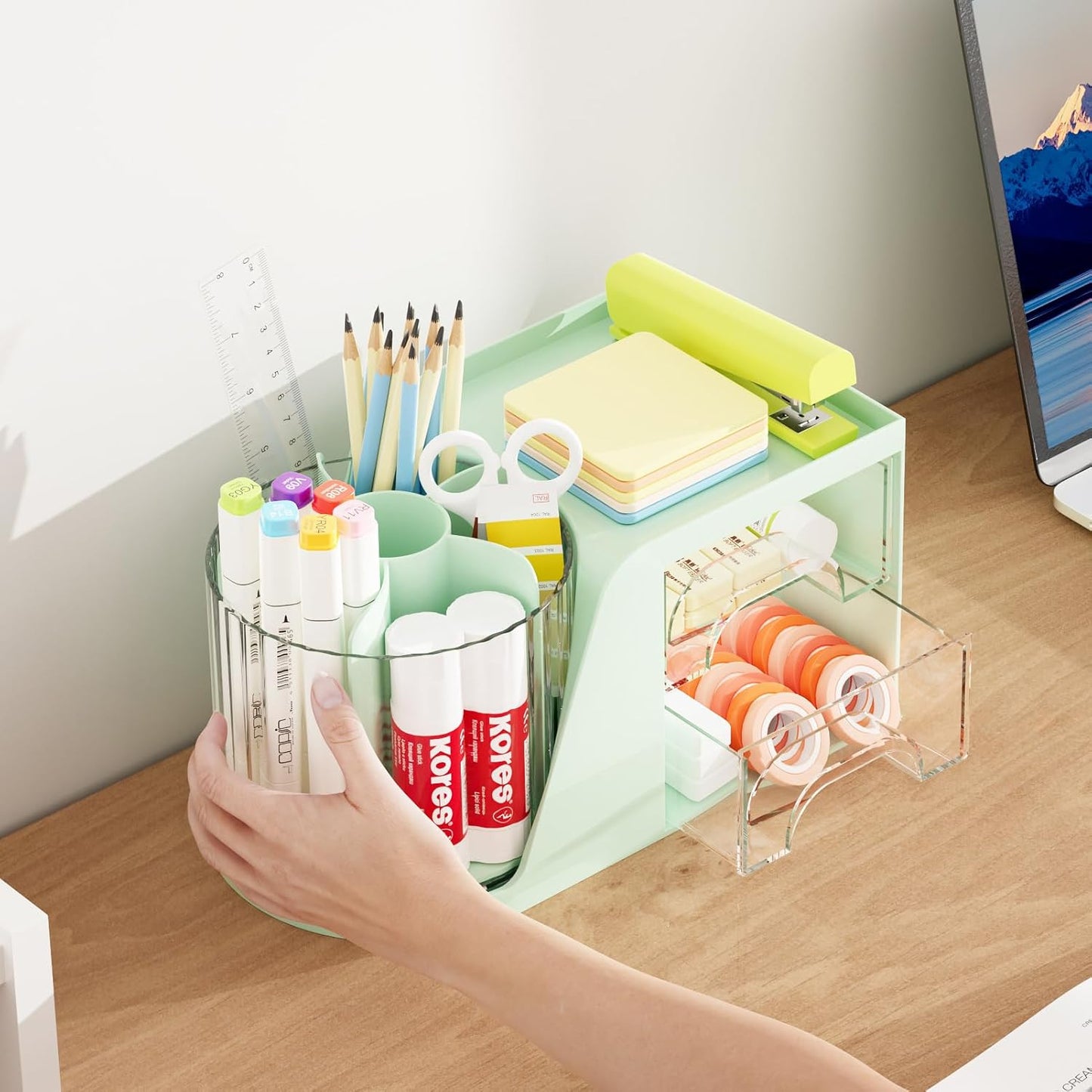 Marbrasse Desk Organizer with 2 Drawer, 360°Rotating Pen Holder, Desk Organizers and Accessories with 6 Slots Pencil Organizer + 2 Drawer, Art Supply Storage Box Caddy for Office (White)