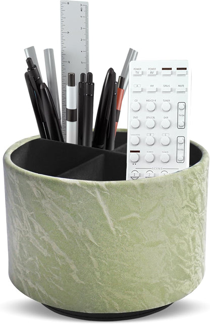Hennaja Round Leather Art Supply Organizer,Remote Control Holder,360 Degree Rotating,Multi-Functional Pencil Holder,4 Compartments Desktop Stationary Organizer(1-Blue Bird) - Colors A