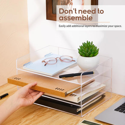 Harloon 4 Tier Paper Organizer Letter Tray Acrylic Desk File Organizer Heavy Duty Stackable Documents Clear Letter Paper Holder Sorter Office Tray for A4, Office Classroom Home File Pad Notebooks